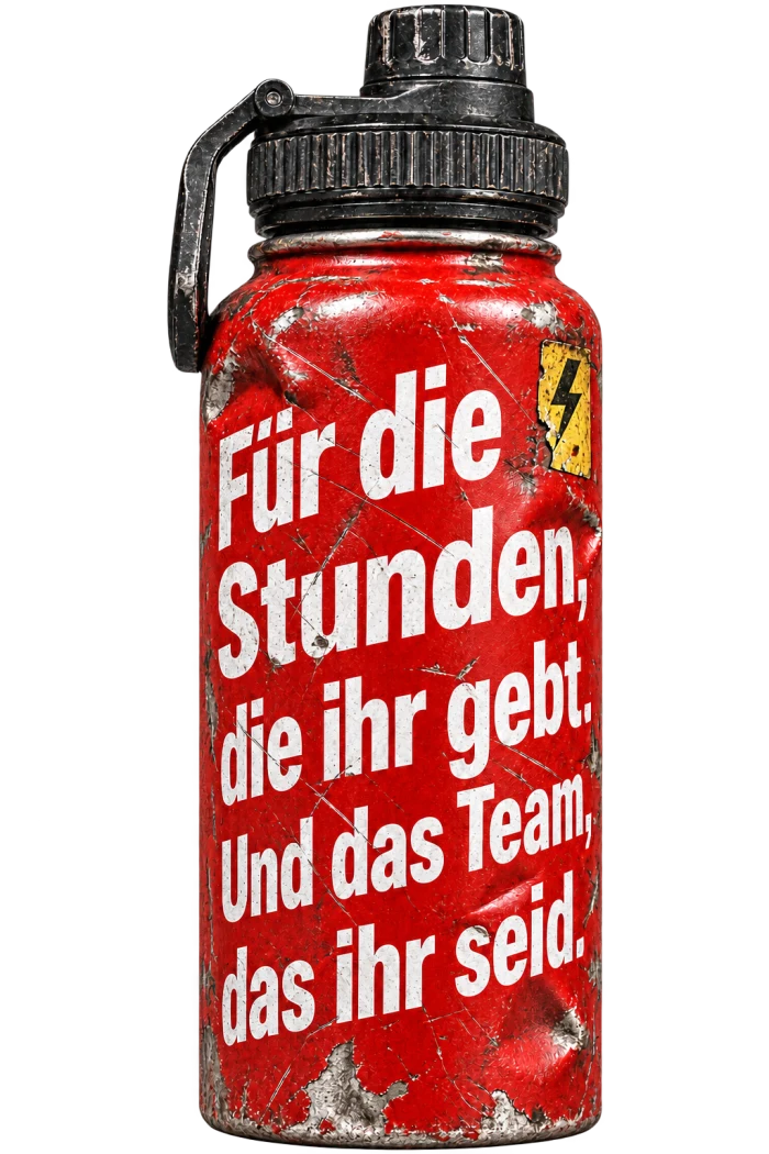 Stark abgenutzte rote Edelstahlflasche mit gelbem Sticker und der Aufschrift: Für die Stunden, die ihr gebt. Und das Team, das ihr seid.