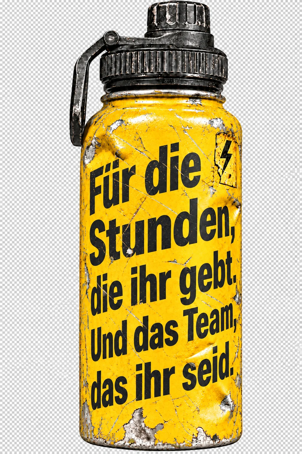 Stark abgenutzte gelbe Edelstahl-Sportflasche mit Blitz-Sticker und der Aufschrift: Für die Stunden, die ihr gebt. Und das Team, das ihr seid.