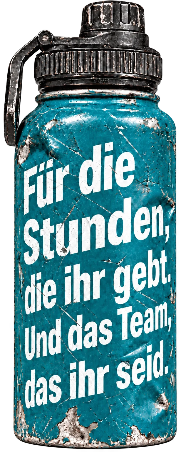 Petrolfarbene Edelstahlflasche mit Patina und der Aufschrift: Für die Stunden, die ihr gebt. Und das Team, das ihr seid.