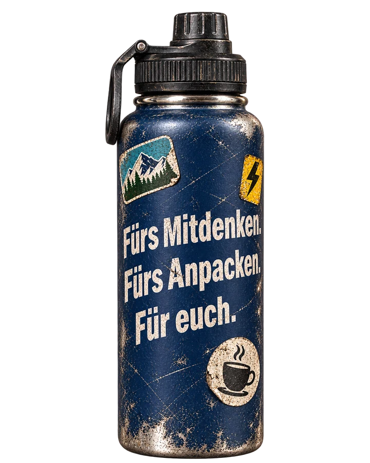 Viel benutzte persönliche Trinkflasche mit Gebrauchsspuren, abgetragenem Dankesaufdruck und eigenen Stickern – fiktives Gestaltungsbeispiel